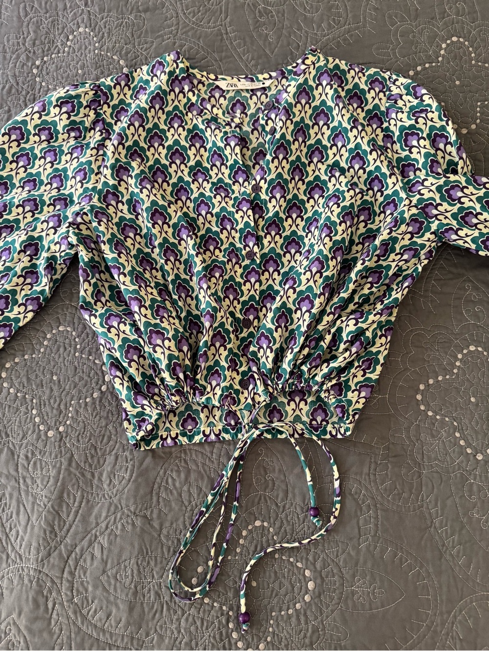 ZARA Teal, Purple & White Printed Cropped Blouse with Tie Waist